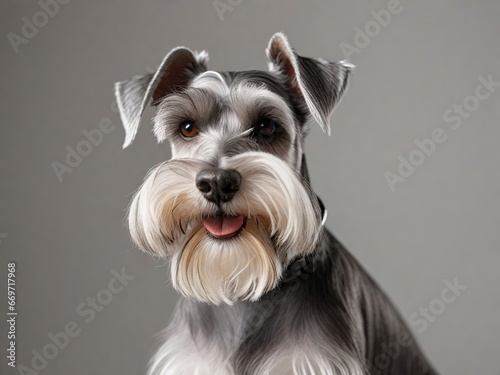 Primer plano de perro raza Schnauzer, mirando al frente, con la lengua de fuera, sobre fondo blanco 