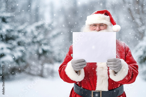 santa claus holding a white blank sheet of paper on snowy background © Danny