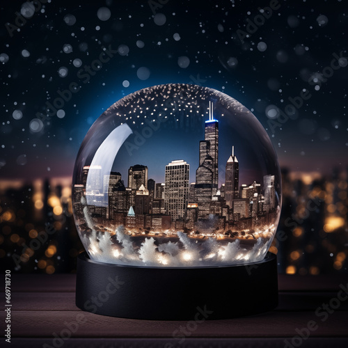 Close up of a snow globe with a cityscape of downtown Chicago with bokeh effect. City at night with snow on the ground. Concept of winter, holiday season and christmas.