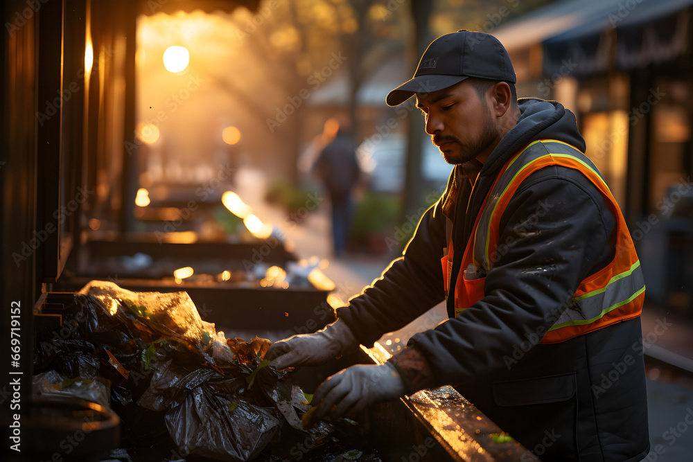 Garbage man working in the morning to picking plastic to garbage truck Garbage man working in the morning to picking plastic to garbage truck