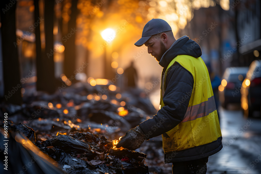 Garbage man working in the morning to picking plastic to garbage truck Garbage man working in the morning to picking plastic to garbage truck