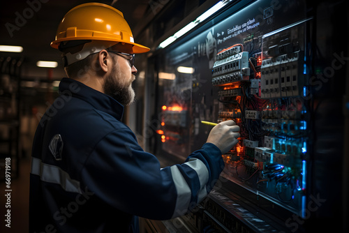 Professional electric worker in hardhat. Portrait of engineer electrician man