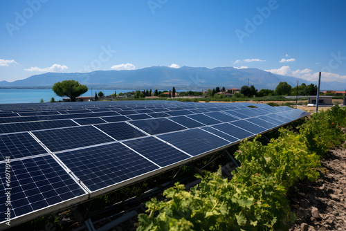 Placas solares paneles solares recibiendo luz del sol. Energía renovable solar fotovoltaica. Nueva instalación de paneles solares en el campo photo