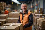 Positive happy middle-aged employee man in uniform smile look at camera posing against a lot of stacked cardboard boxes, parcels. Mature male worker standing in warehouse preparing goods for dispatch