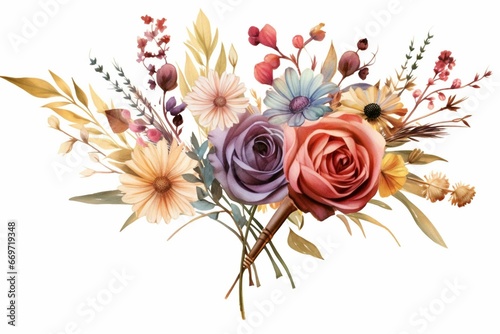 Artistic bouquet of watercolor flowers arranged in a rustic arrow pattern. Generative AI