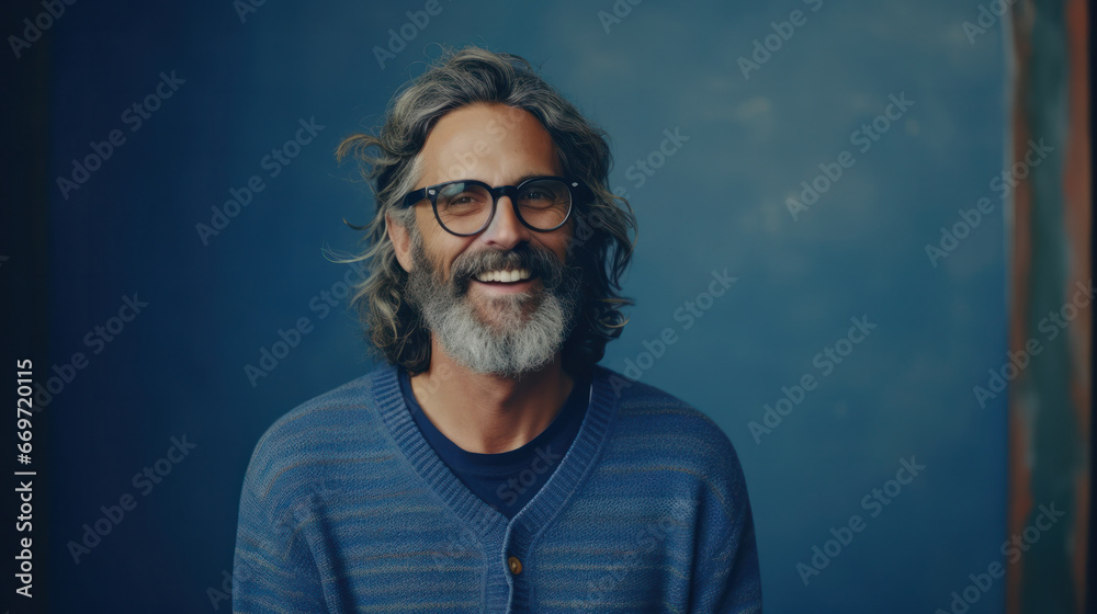 Obraz premium Charming Gaze: A Mature Hipster Gentleman with Eyeglasses Set Against a Soft Dark Blue Wall.