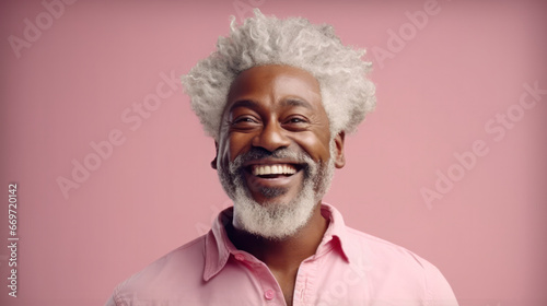 Vibrant Essence: Cheerful 40s African American Hipster with Gray Hair, Providing Generous Copy Area, Against a Soft Pink background.