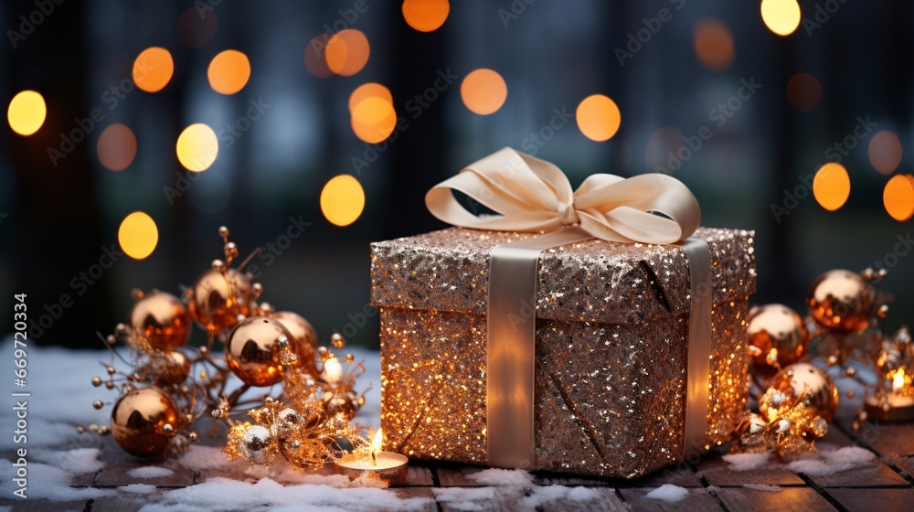 Beautiful Christmas gift boxes . Golden christmas balls. Christmas gift box with ribbon. Christmas decoration Beautiful Christmas gift boxes . Golden christmas balls. Christmas gift box with ribbon. Christmas decoration