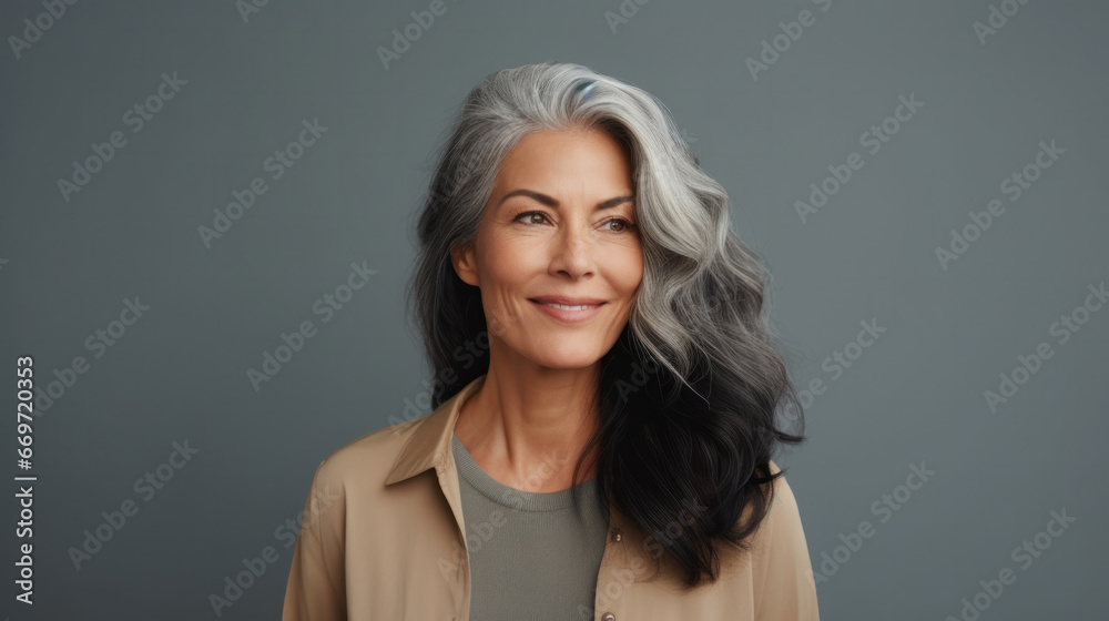 Graceful Elegance: Joyful 40s Woman with Distinctive Gray Hair, Providing Generous Copy Area, Positioned Before a Soft Beige Canvas. Graceful Elegance: Joyful 40s Woman with Distinctive Gray Hair, Providing Generous Copy Area, Positioned Before a Soft Beige Canvas.