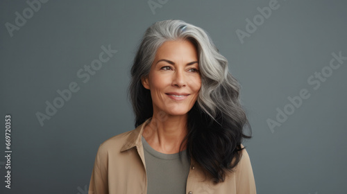 Graceful Elegance: Joyful 40s Woman with Distinctive Gray Hair, Providing Generous Copy Area, Positioned Before a Soft Beige Canvas.