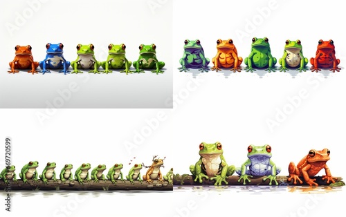 illustrazione di rane colorate messe in fila, set photo