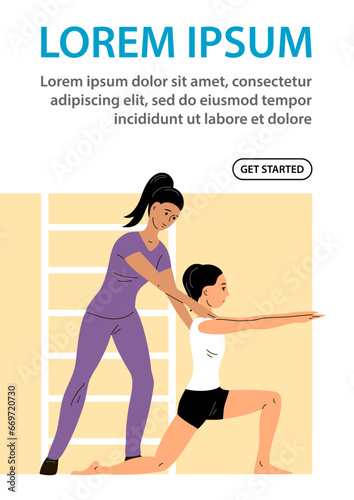 Physical rehabilitation clinic. Young woman patient doing exercises. Physiotherapist girl helps. Therapy and recovery. Design for website, poster. Flat vector illustration
