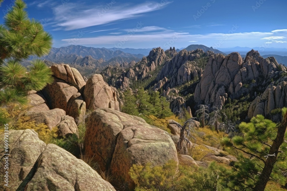 Scenic vista featuring rocky formations and far-off peaks. Generative AI