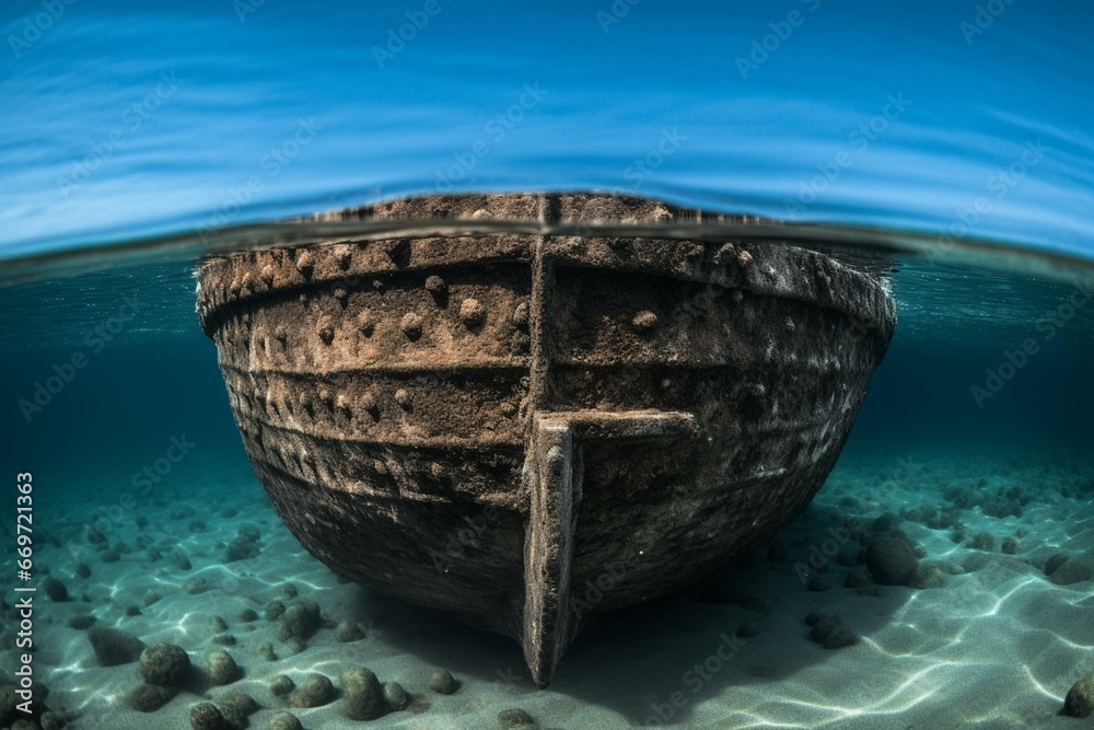 Ancient vessel spied from a different boat on the sea. Generative AI