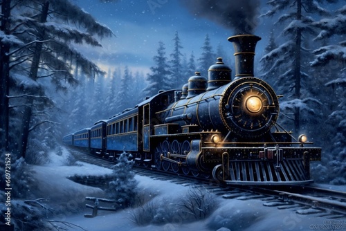 Beautiful steam locomotive in a snowy nocturnal scene, enchanted artwork. Generative AI