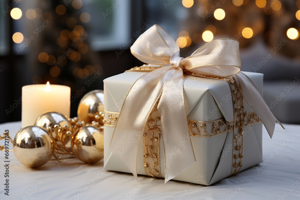 Beautiful Christmas gift box with christmas decor. Christmas gift box with ribbon. Christmas decoration. Selective focus. Beautyful bokeh background. Festive surprise. New Year's gift
Beautiful Christmas gift box with christmas decor. Christmas gift box with ribbon. Christmas decoration. Selective focus. Beautyful bokeh background. Festive surprise. New Year's gift