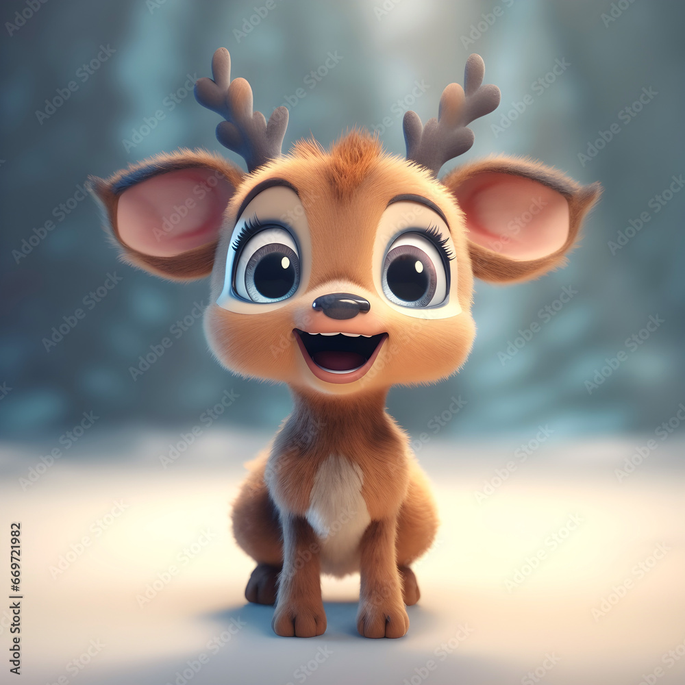Adorable little Christmas deer. Winter greeting card
