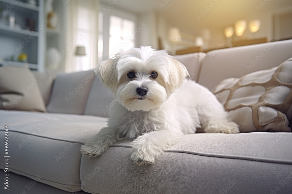 Elegant purebred Maltese dog seated on white couch in a contemporary, well-lit interior. Close up of a Pedigree cutie. Copy space. Cute puppy. For banners, advertisements, posters, postcards Elegant purebred Maltese dog seated on white couch in a contemporary, well-lit interior. Close up of a Pedigree cutie. Copy space. Cute puppy. For banners, advertisements, posters, postcards