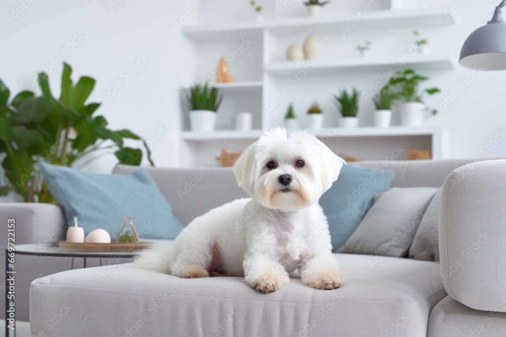 Elegant purebred Maltese dog seated on a white couch in a contemporary, well-lit interior. Close up of a Pedigree cutie. Cute puppy. Copy space. For banners, advertisements, posters, postcards Elegant purebred Maltese dog seated on a white couch in a contemporary, well-lit interior. Close up of a Pedigree cutie. Cute puppy. Copy space. For banners, advertisements, posters, postcards