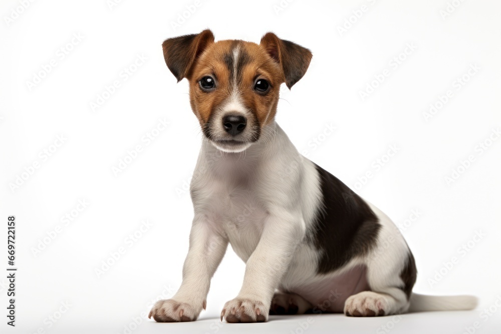 Full size purebred jack russell terrier puppy on white background with copy space. Pedigree dog. For advertising, poster, banner, promoting pet stores, dog care, grooming services, veterinary clinics.