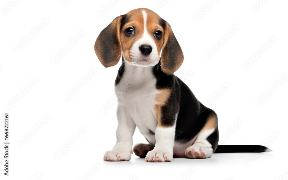 Purebred Pedigree Beagle puppy on clean, white background with ample copy space. Adorable charm young dog is ideal for banners, advertisements, posters, postcards and various design projects