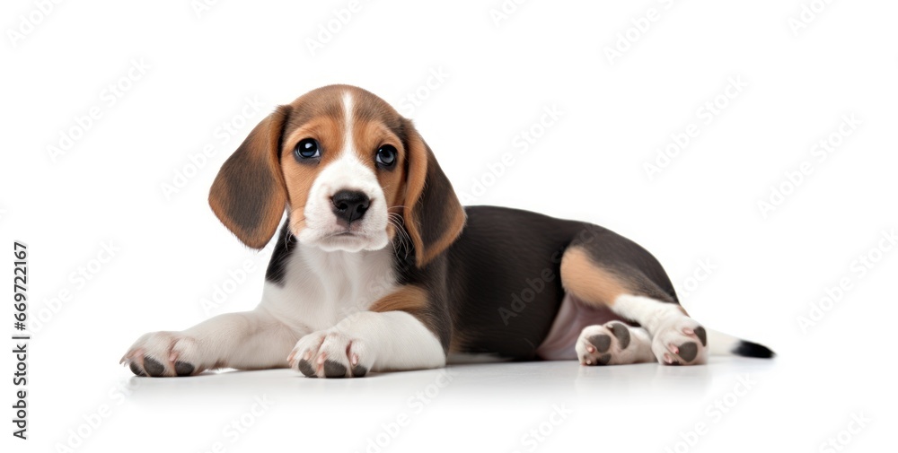 Purebred Pedigree Beagle puppy on clean, white background. This adorable charm young dog is ideal for banners, advertisements, posters, postcards and various design projects