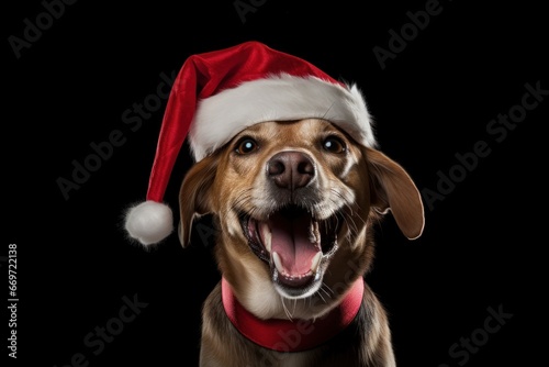 Cute cheerful purebred Golden retriever dog in a Christmas Santa Claus hat on a black background. New Year postcard, background with pet. Merry Christmas. Banner, advertising, poster. © Jafree