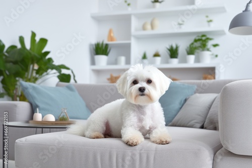 Elegant purebred Maltese dog seated on a white couch in a contemporary, well-lit interior. Close up of a Pedigree cutie. Cute puppy. Copy space. For banners, advertisements, posters, postcards