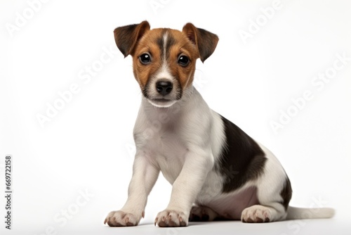 Full size purebred jack russell terrier puppy on white background with copy space. Pedigree dog. For advertising, poster, banner, promoting pet stores, dog care, grooming services, veterinary clinics. © Jafree