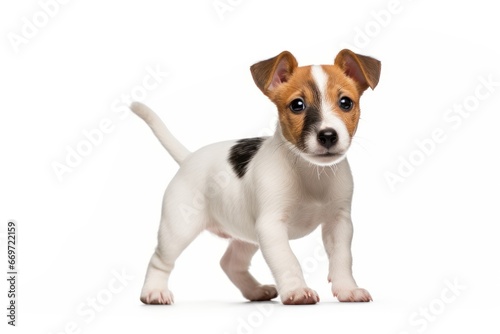 Full size purebred jack russell terrier puppy on white background with copy space. Pedigree dog. For advertising, poster, banner, promoting pet stores, grooming services, veterinary clinics, dog care