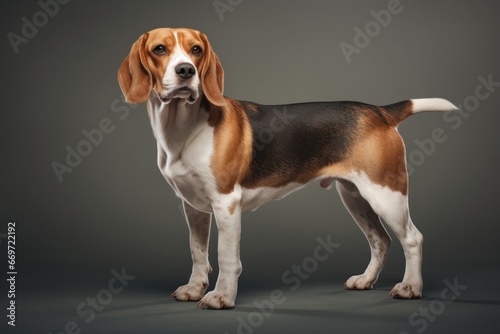 Full-sized purebred pedigree Beagle dog stands tall against a clean grey backdrop. With copy space. Close up. For posters, banners, advertisements. Showcase the elegance of this pedigree breed.