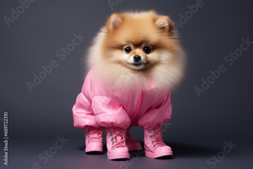 Cute glamorous purebred Pomeranian dwarf Spitz dog dressed in stylish pink jacket and cute boots on a clean grey background. Pedigreed dog. Stylish, fashionable puppy. Copy space photo