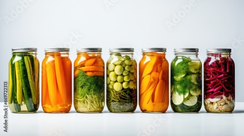 Home preservation, canning for the winter. 7 glass jars with canned vegetables Cucumbers, tomatoes, zucchini, asparagus, pumpkin, greens, dill, garlic, beets, herbs, spices. On white background. Food.