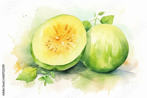 Watercolor honeydew melon on white. Generative AI