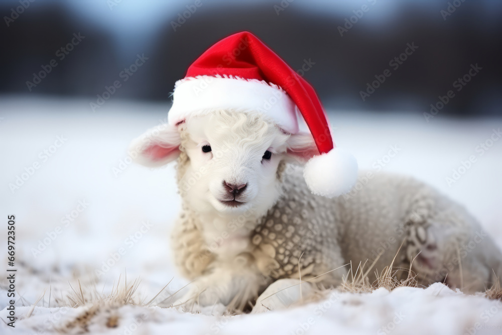 Cute little festive lamb sheep wearing a Father Christmas santa hat