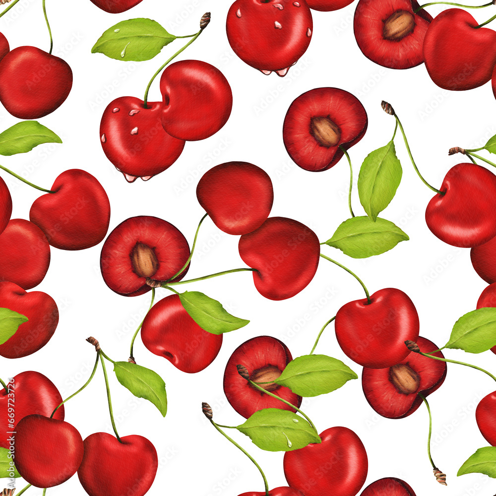 Seamless watercolor pattern featuring succulent, vibrant cherries. Ideal for kitchen decor, recipes, textiles, jam labels, aprons, packaging, juices, cherry sweets, and gum Seamless watercolor pattern featuring succulent, vibrant cherries. Ideal for kitchen decor, recipes, textiles, jam labels, aprons, packaging, juices, cherry sweets, and gum