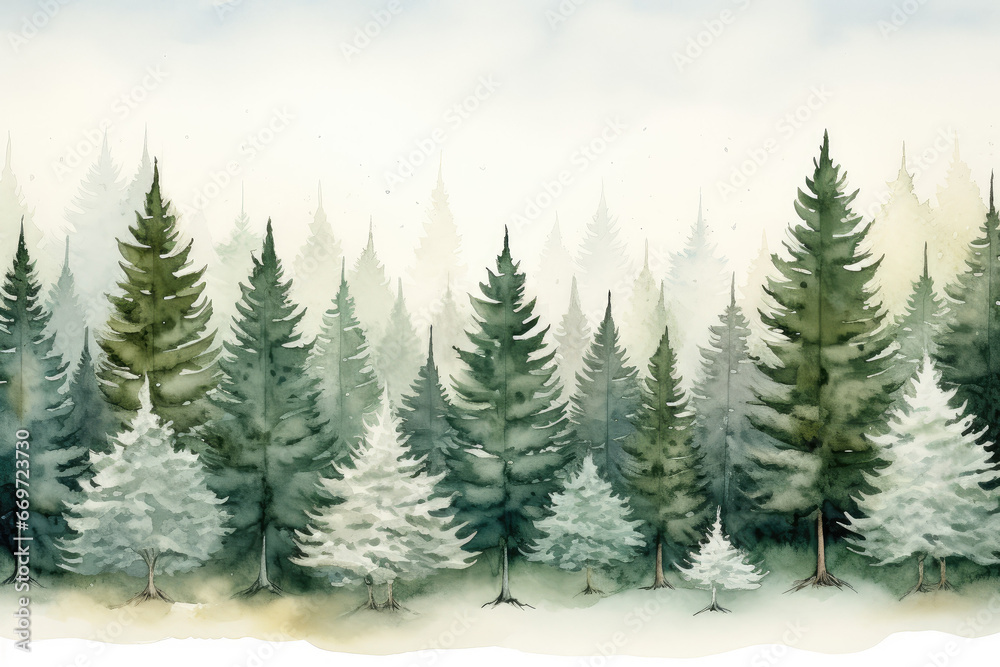 Watercolor Illustration of Winter Spruce Forest Landscape