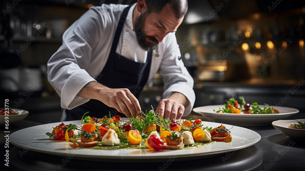 A skilled chef in a restaurant kitchen, meticulously plating a gourmet dish with artistic precision A skilled chef in a restaurant kitchen, meticulously plating a gourmet dish with artistic precision