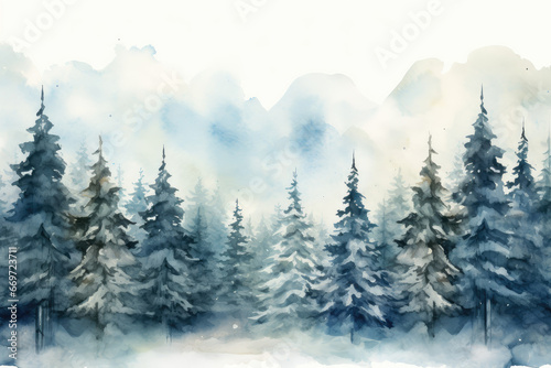 Watercolor Illustration of Winter Spruce Forest Landscape