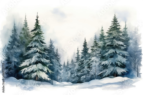 Watercolor Illustration of Winter Spruce Forest Landscape © God Image