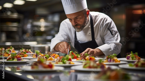 A skilled chef in a restaurant kitchen, meticulously plating a gourmet dish with artistic precision © Milan