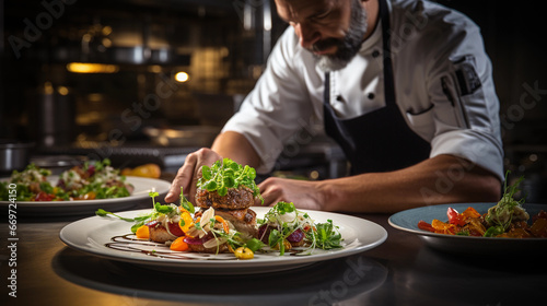 A skilled chef in a restaurant kitchen, meticulously plating a gourmet dish with artistic precision