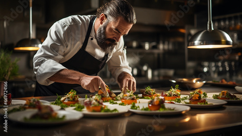 A skilled chef in a restaurant kitchen, meticulously plating a gourmet dish with artistic precision