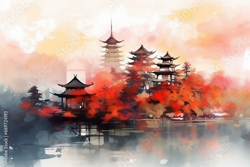 Abstract landscape painting. Japanese watercolor style. 3D illustration. Generative AI