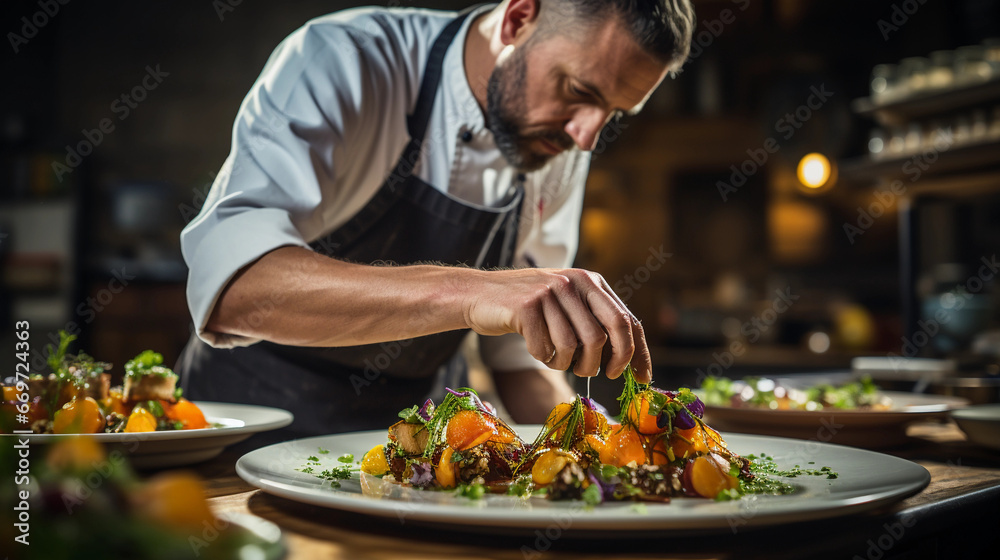 A skilled chef in a restaurant kitchen, meticulously plating a gourmet dish with artistic precision