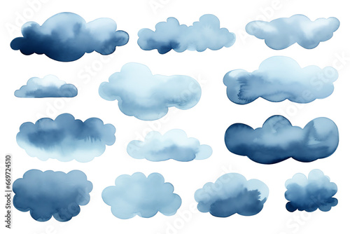 blue watercolor rainclouds isolated on transparent background clipart cutout photo