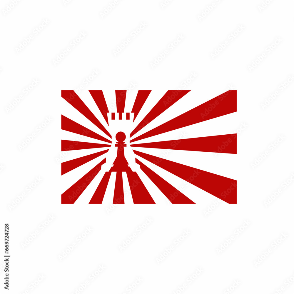 Japanese flag logo design with rook and chess pawn. Unique concept logo