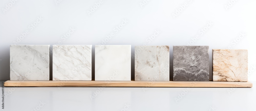 Samples of kitchen counters on a white marble surface