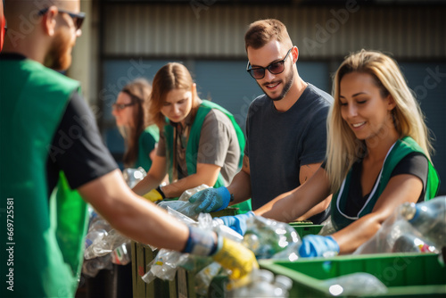 people recycling plastic bottles. garbage for recycling concept reuse