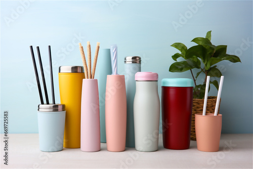 To go different reusable cups, mugs and straws photo